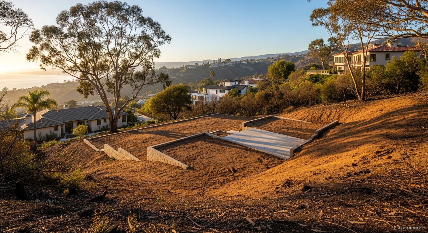 Aerial view of a scraped, cleared residential lot in Pacific Palisades with adjacent unburned homes, alt text: "Cleared Pacific Palisades fire lot showing scraped soil pad after USACE Phase 2 debris removal"