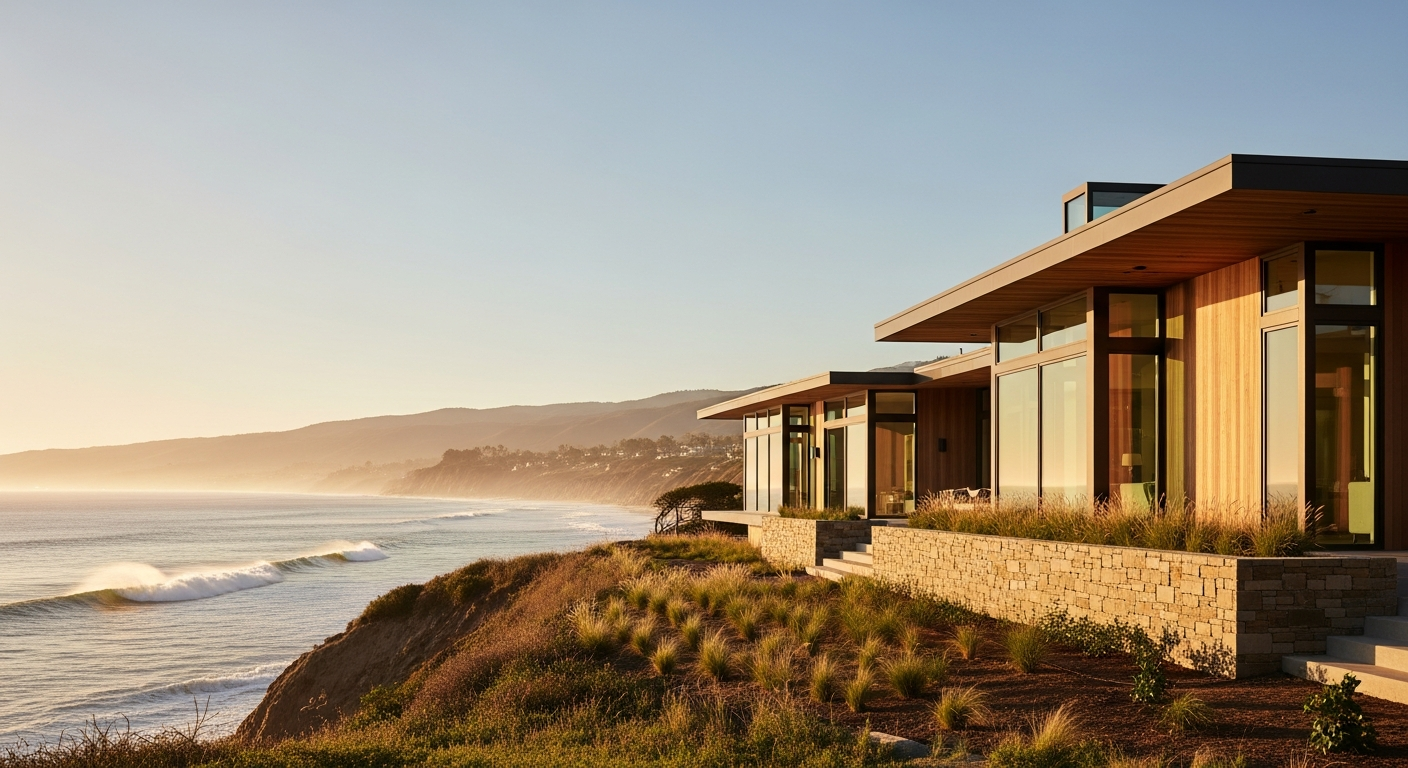 Aerial view of a Malibu coastal bluff neighborhood with rebuilt and under-construction homes, ocean in background, alt="Malibu coastal bluff homes under reconstruction after fire with the Pacific Ocean behind them"