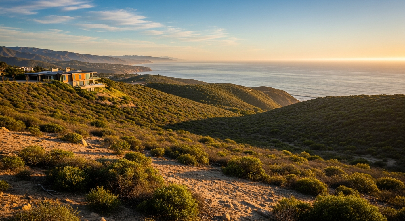 Aerial view of Malibu hillside homes on large lots with no visible municipal sewer infrastructure, alt="Malibu hillside residential lots served by onsite septic and OWTS systems rather than city sewer"