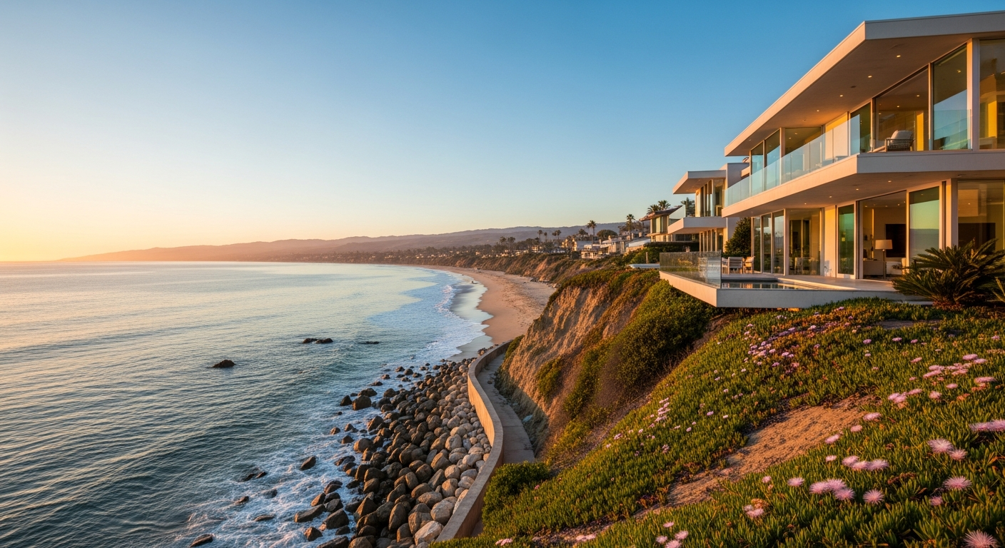 Aerial view of Malibu oceanfront homes on Carbon Beach with seawalls and the Pacific shoreline, alt text: "Malibu waterfront homes with seawalls along Carbon Beach seen from above"