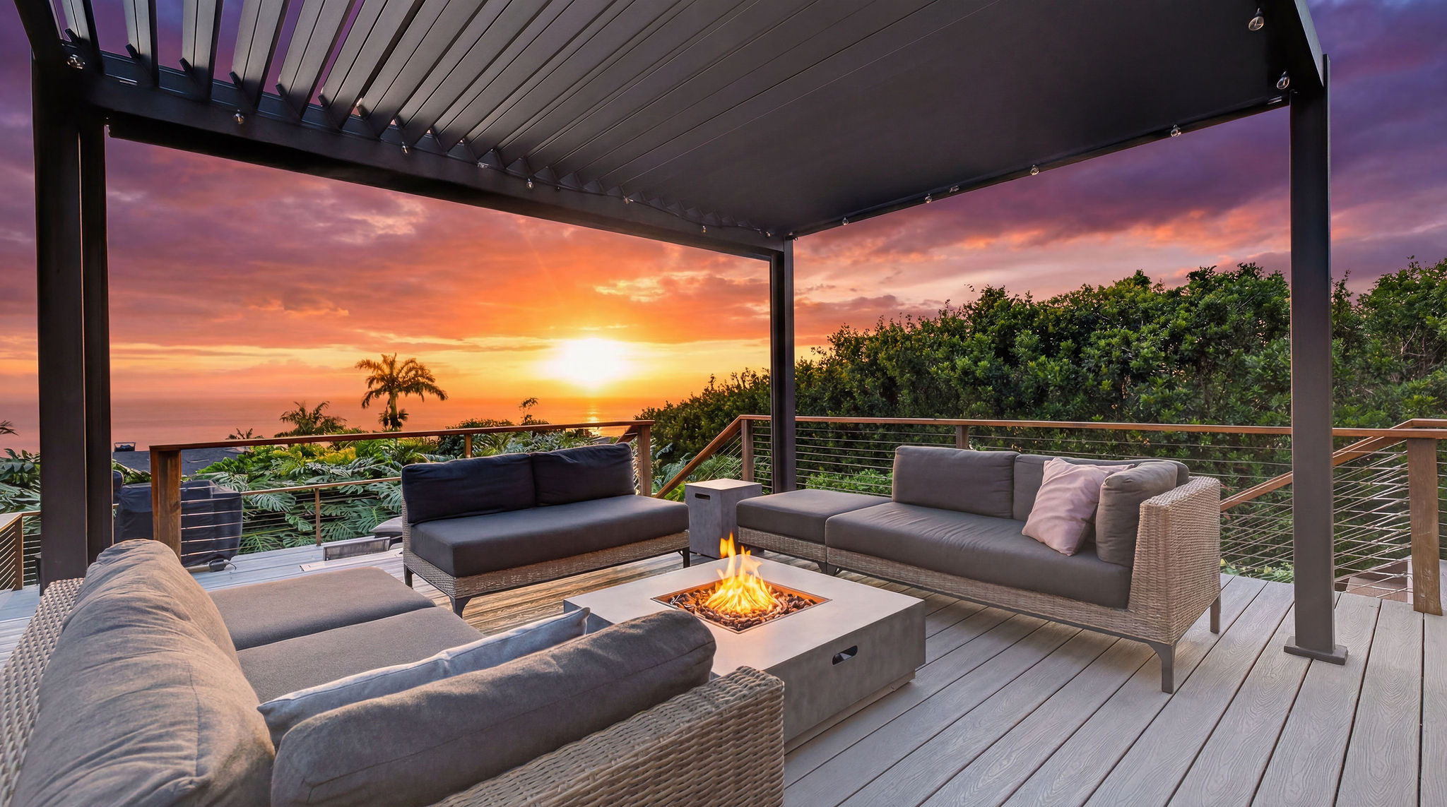 Kona Sunset with firepit and sofa